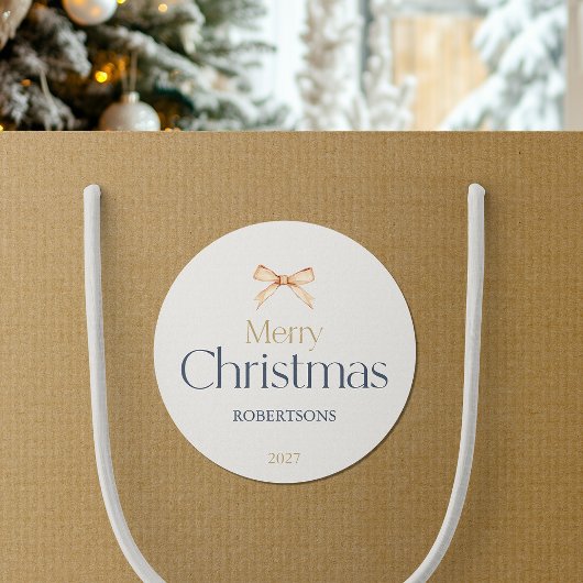 金ゴールドエレガントボウ付きメリークリスマスステッカー ラウンドシール