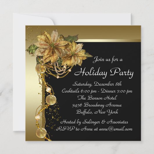 金ゴールドエレガントポインセチアパーティー 招待状 (正面)