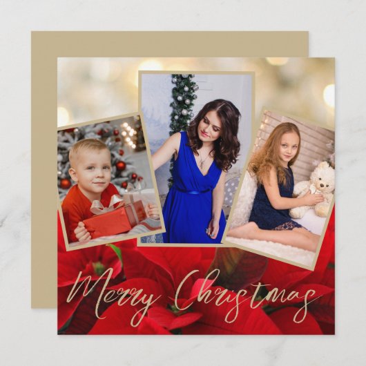 金ゴールドエレガントポインセチアMerry Christmasフォトカード (正面/裏面)