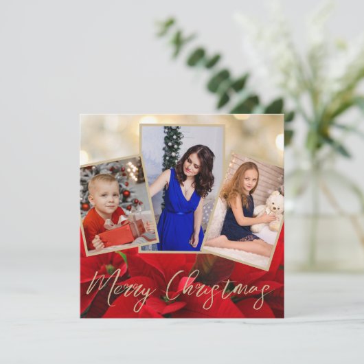 金ゴールドエレガントポインセチアMerry Christmasフォトカード (スタンド正面)