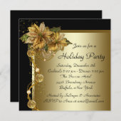 金ゴールドエレガントポインセティアブラック金ゴールドクリスマスパーティー 招待状 (正面/裏面)