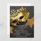 金ゴールドエレガントマスクスターズスウィート16 インビテーションポストカード (正面/裏面)