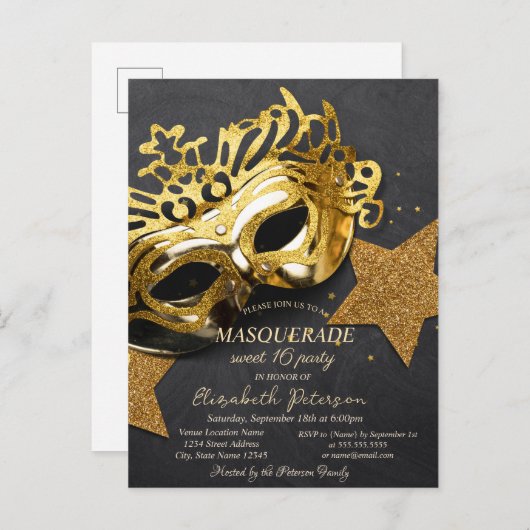 金ゴールドエレガントマスクスターズスウィート16 インビテーションポストカード (正面/裏面)