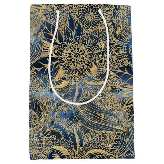 金ゴールドエレガントマンダラフラワーズブルーネブラ ミディアムペーパーバッグ (正面)
