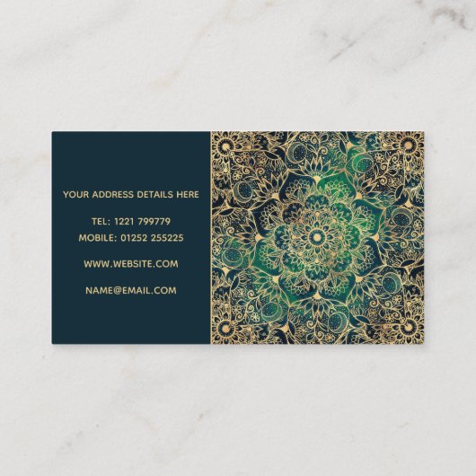 金ゴールドエレガントマンダラフローラグリーンブルー 名刺 (裏面)