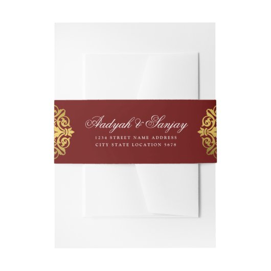 金ゴールドエレガントマンダラブルゴーニュインディアン結婚ズ 招待状ベリーバンド (正面例)