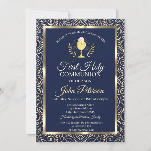 金ゴールドエレガントマンダラブルーファースト聖餐式 招待状 (正面)