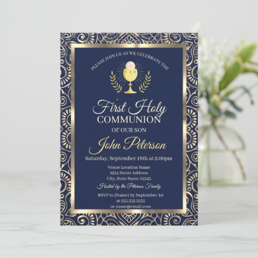 金ゴールドエレガントマンダラブルーファースト聖餐式 招待状 (スタンド正面)