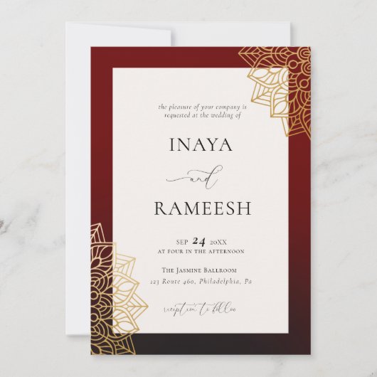 金ゴールドエレガントマンダラレッドインディアン結婚式招待状 招待状 (正面)