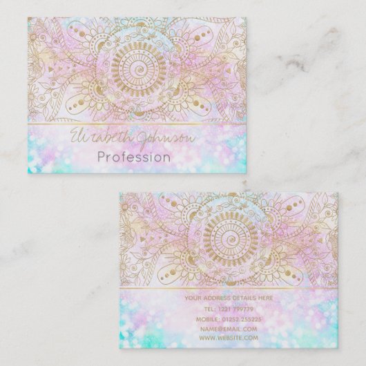 金ゴールドエレガントマンダラ&ホログラフィックグリッターデザイン 名刺 (正面/裏面)