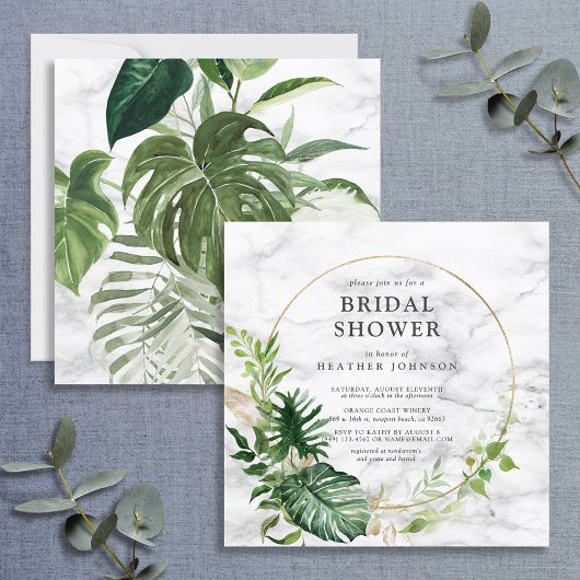 金ゴールドエレガントマーブルトロピカルリーススクエアシャワー 招待状