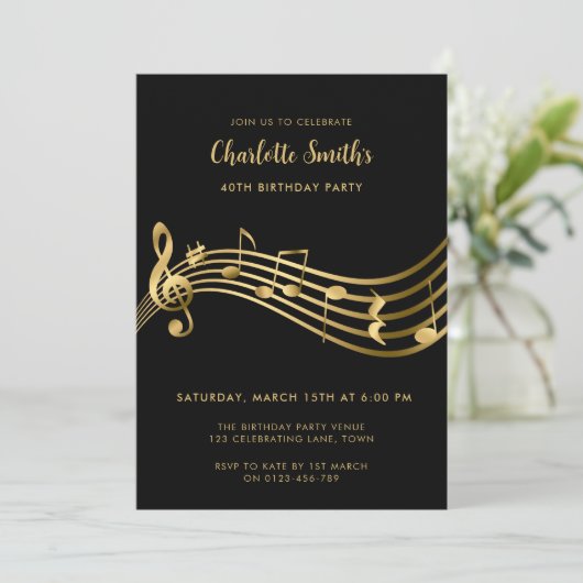 金ゴールドエレガントミュージックノート40thバースデーブラック 招待状 (スタンド正面)