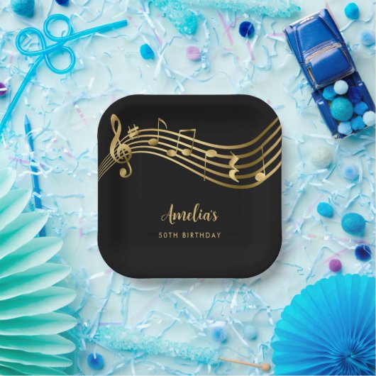 金ゴールドエレガントミュージックノート50誕生日ブラック ペーパープレート (パーティー)