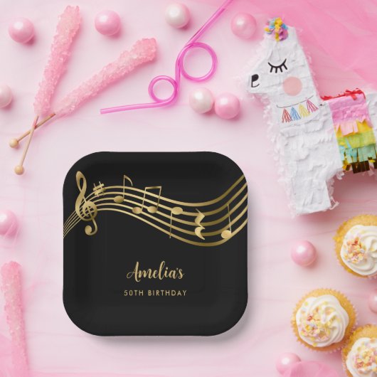 金ゴールドエレガントミュージックノート50誕生日ブラック ペーパープレート (パーティー)