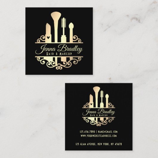 金ゴールドエレガントメイクアップツール美しい業界 スクエア名刺 (正面/裏面)