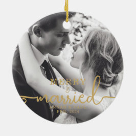 金ゴールドエレガントメリーと結婚したクリスマス写真 セラミックオーナメント