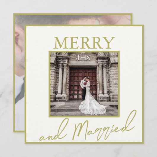 金ゴールドエレガントメリーと結婚した2枚の写真 サンキューカード (正面/裏面)