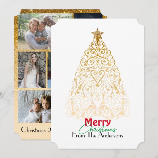 金ゴールドエレガントメリークリスマスのフィリーグリー サンキューカード (正面/裏面)