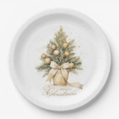 金ゴールドエレガントメリークリスマスツリーの水色 ペーパープレート (正面)