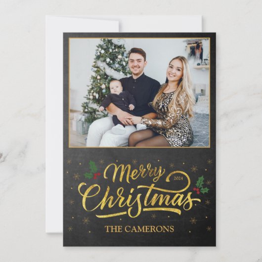金ゴールドエレガントメリークリスマスファミリーフォトカード シーズンカード (正面)