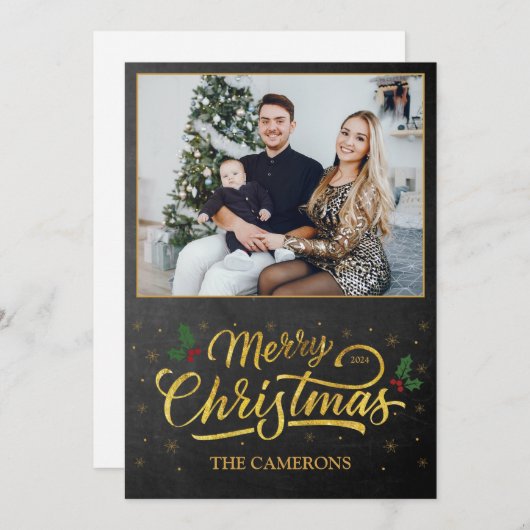金ゴールドエレガントメリークリスマスファミリーフォトカード シーズンカード (正面/裏面)