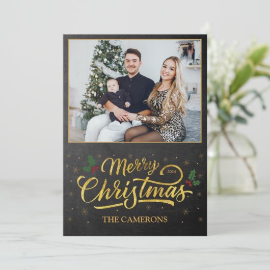 金ゴールドエレガントメリークリスマスファミリーフォトカード シーズンカード (スタンド正面)