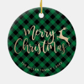金ゴールドエレガントメリークリスマスブラック&グリーンプレイド セラミックオーナメント (裏面)