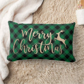 金ゴールドエレガントメリークリスマスブラック&グリーンプレイド ランバークッション (ブランケット)