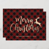 金ゴールドエレガントメリークリスマスブラック&レッドプレイド シーズンカード (正面/裏面)