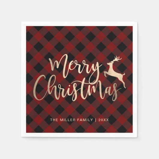金ゴールドエレガントメリークリスマスブラック&レッドプレイド スタンダードカクテルナプキン (正面)