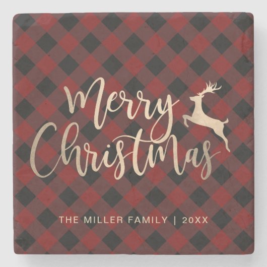 金ゴールドエレガントメリークリスマスブラック&レッドプレイド ストーンコースター (正面)