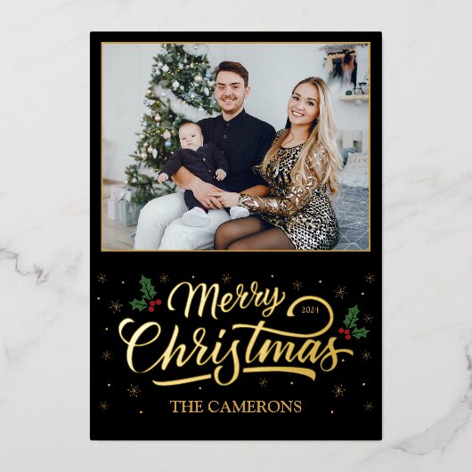 金ゴールドエレガントメリークリスマスホリーベリー 箔シーズンカード (正面)