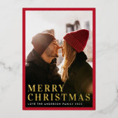金ゴールドエレガントメリークリスマスミニマルフレーム写真 箔シーズンカード (正面)