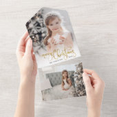 金ゴールドエレガントメリークリスマス書道写真 オールインワン招待状 (貼ってはがせる)