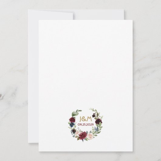 金ゴールドエレガントメルロネイビーフローラブーケ結婚ス 招待状 (裏面)