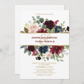 金ゴールドエレガントメルロネイビーフローラブーケ結婚ス 招待状 (正面/裏面)