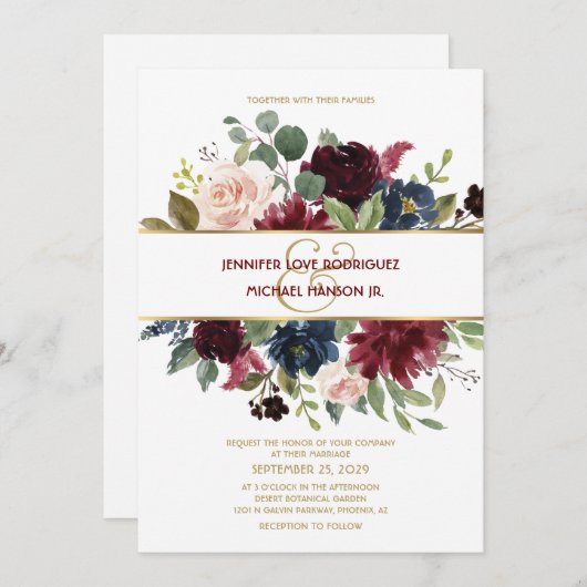 金ゴールドエレガントメルロネイビーフローラブーケ結婚ス 招待状 (正面/裏面)