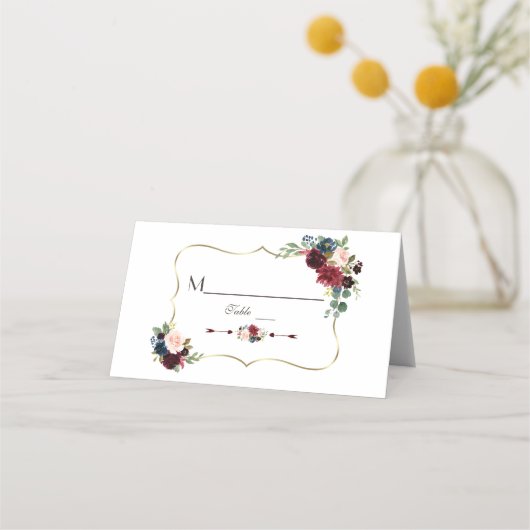 金ゴールドエレガントメルロネイビーブルーフローラテーブル番号 プレイスカード (正面)