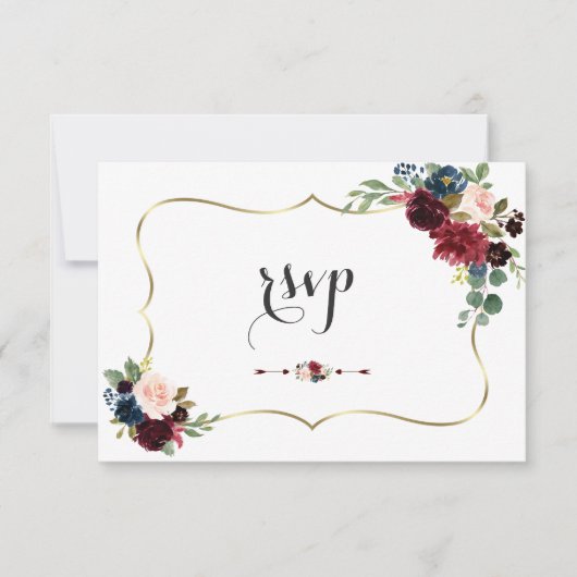 金ゴールドエレガントメルロネイビーブルーフローラ結婚ズ 出欠カード (正面)