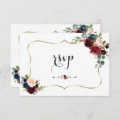 金ゴールドエレガントメルロネイビーブルーフローラ結婚ズ 出欠カード (正面/裏面)