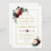 金ゴールドエレガントメルロネイビーブルーフローラ結婚ズ 招待状 (正面/裏面)