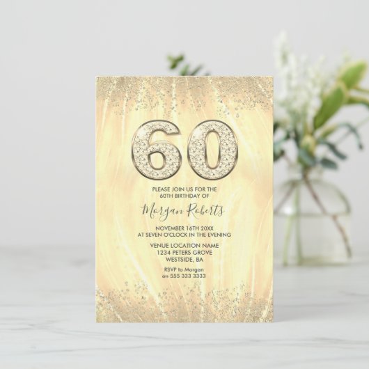 金ゴールドエレガントメンズまたは女性60th誕生日パーティー 招待状 (スタンド正面)
