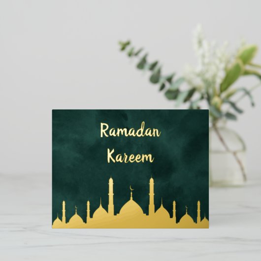 金ゴールドエレガントモスクグリーンラマダンカレムイスラム 箔シーズンポストカード (立ち正面)