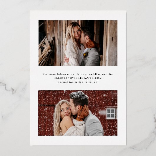 金ゴールドエレガントモダンな結婚式の写真日付を保存 箔招待状 (裏面)