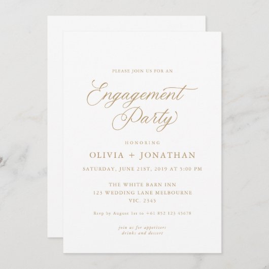 金ゴールドエレガントモダン書道婚約パーティ 招待状 (正面/裏面)