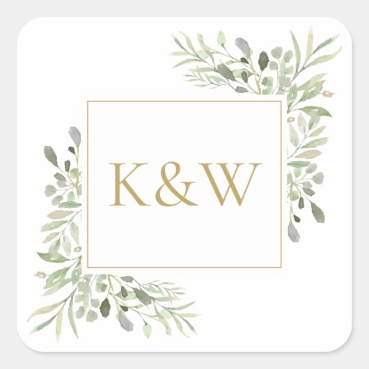 金ゴールドエレガントモノグラムの緑の結婚葉 スクエアシール (正面)