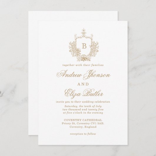 金ゴールドエレガントモノグラムクレストカスタムウェディング 招待状 (正面/裏面)