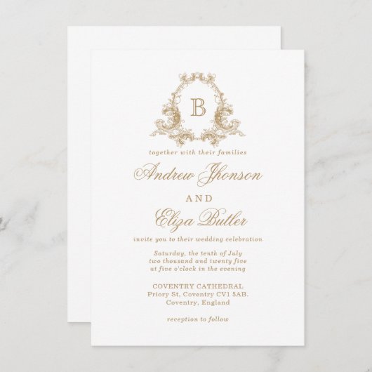 金ゴールドエレガントモノグラムクレスト結婚式招待状 招待状 (正面/裏面)