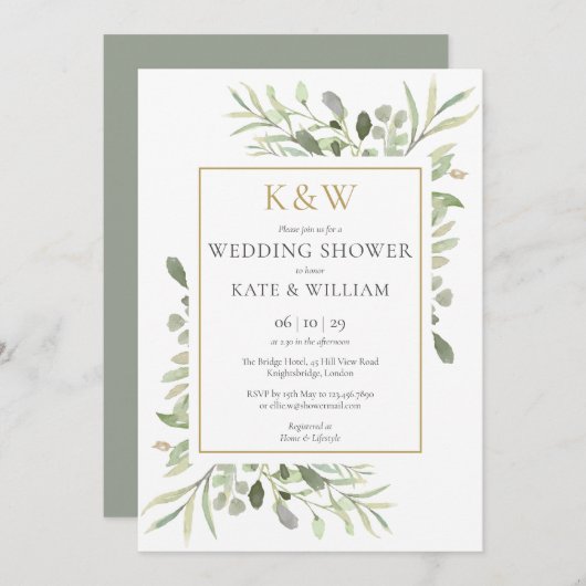 金ゴールドエレガントモノグラムグリーナリーウェディングシャワー 招待状 (正面/裏面)