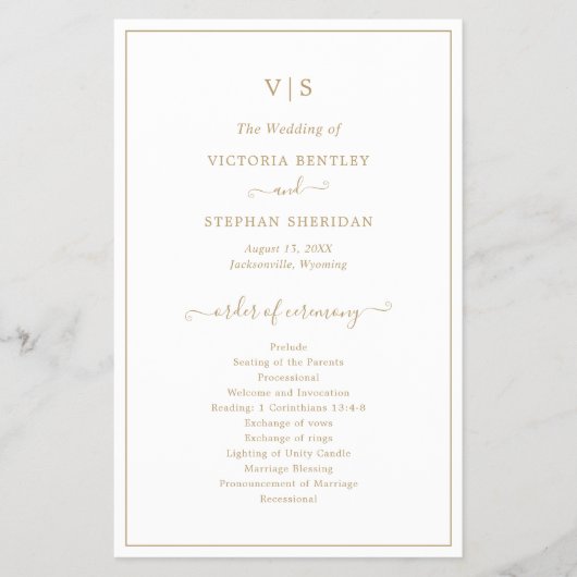 金ゴールドエレガントモノグラムバジェット結婚式 プログラム チラシ (正面)